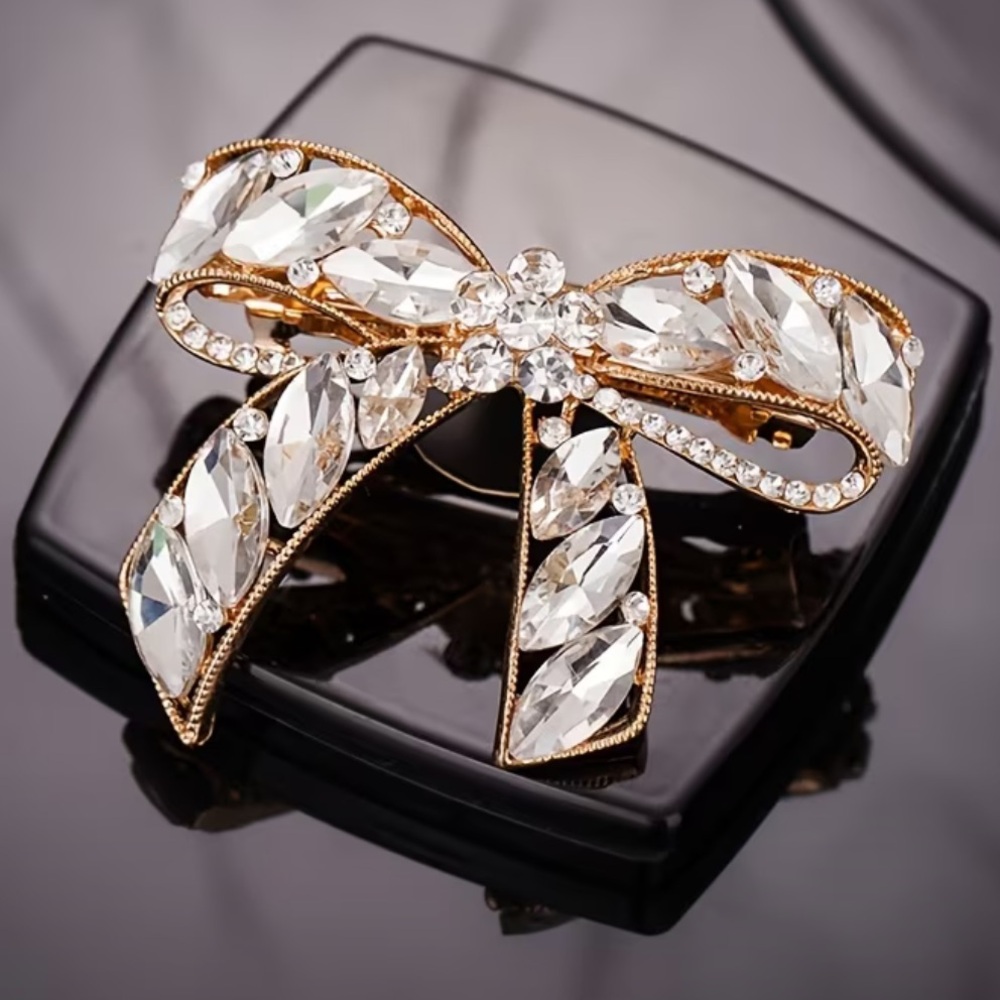 Free People Rhinestone Crystal Bow Hair Clip Gold Statement Barrette Special